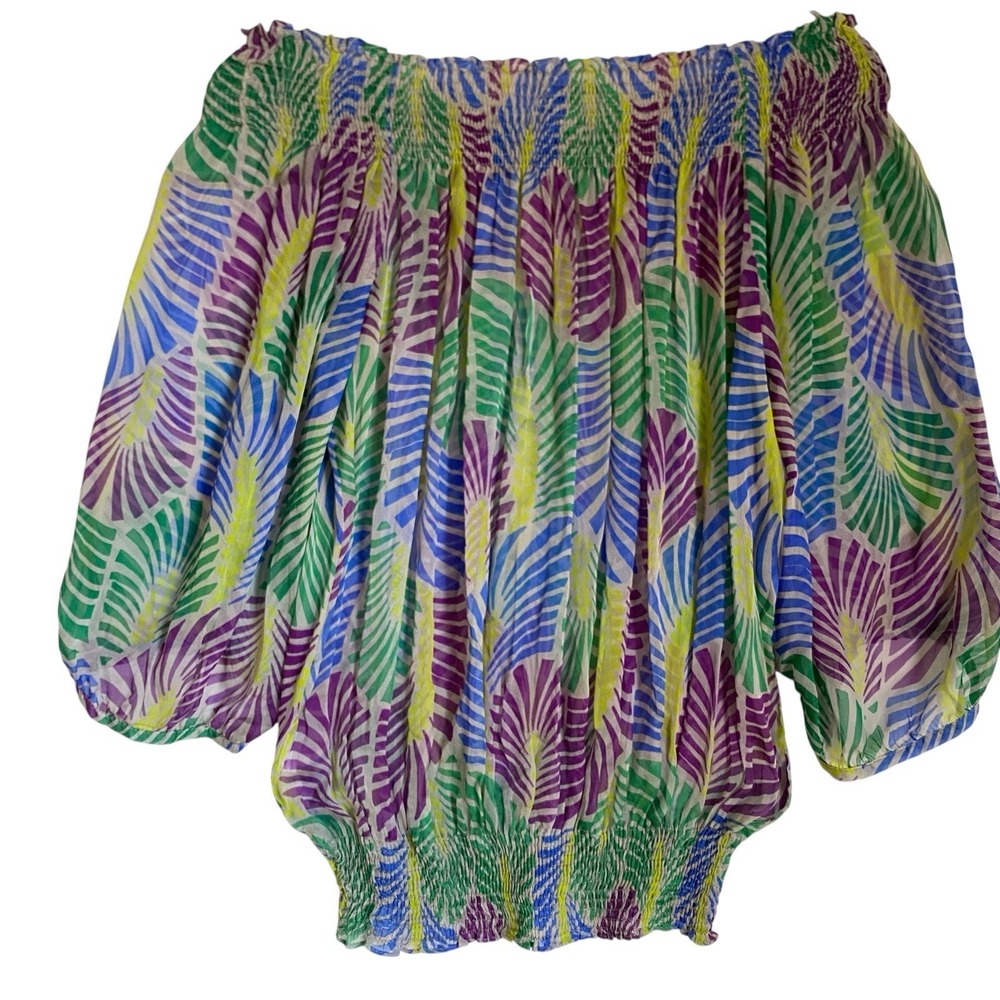 Zara 100% Silk Blouse Size M Multicolor Off Shoulder Puff Sleeve Resort Wear - Picture 3 of 9